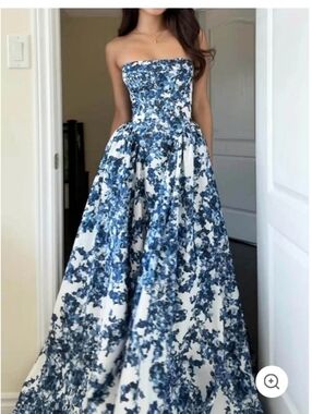 Strapless Blue Floral Ball Gown Dress